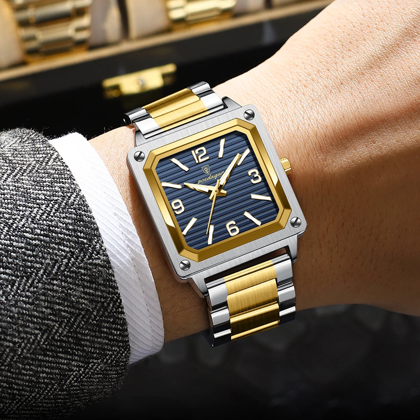 Men Wrist Water Resistant Stainless Steel Band Square Shape Male Luminous Night Vision Function Watches