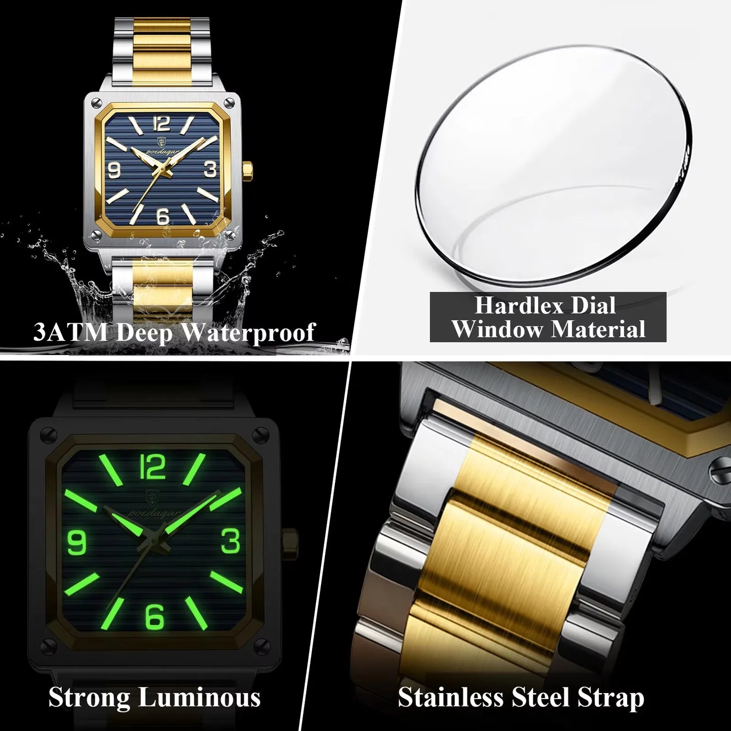 Men Wrist Water Resistant Stainless Steel Band Square Shape Male Luminous Night Vision Function Watches