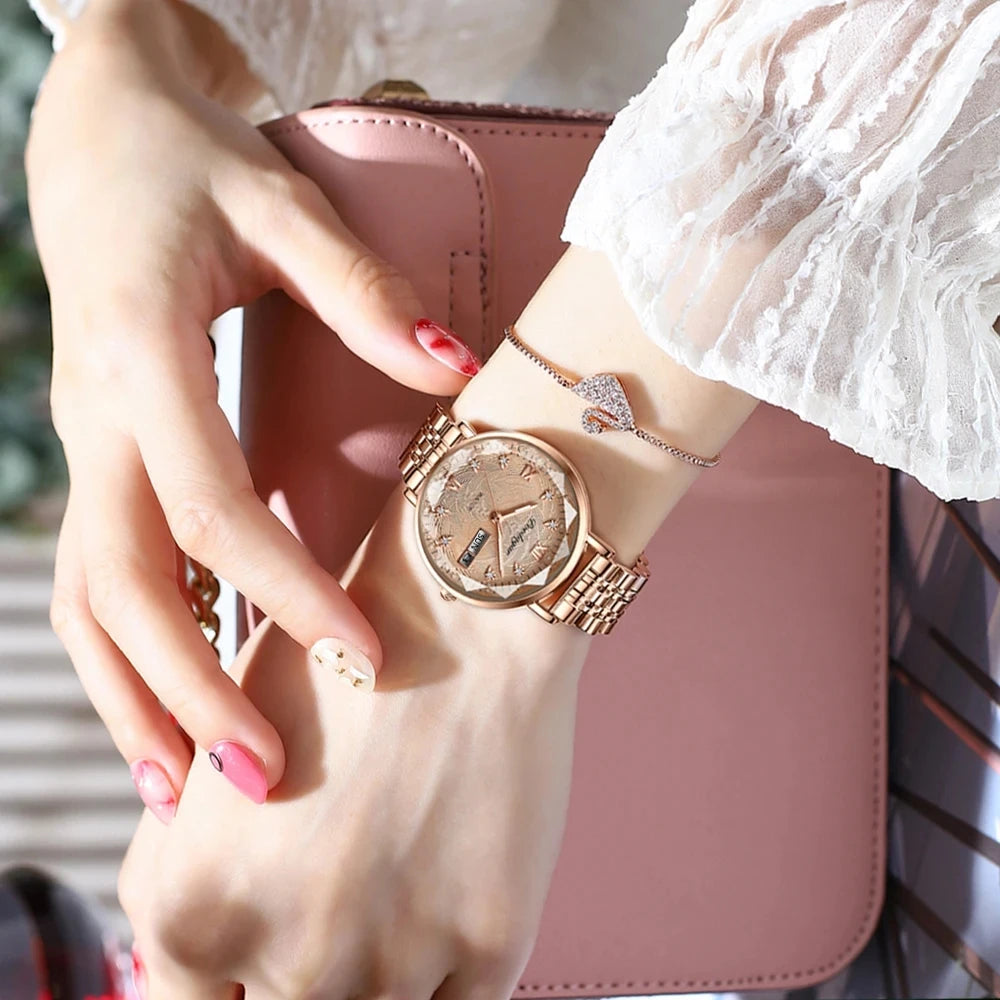 Women New Luxury Bracelet Simple Rose Gold Stainless Steel Wristwatch