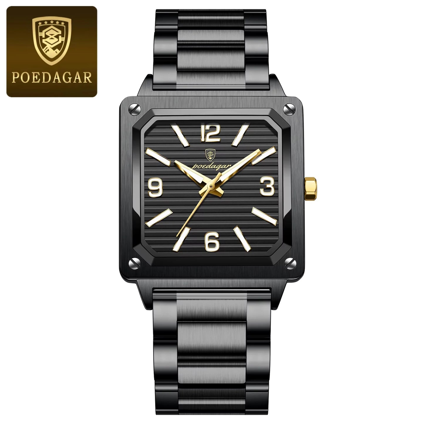 Men Wrist Water Resistant Stainless Steel Band Square Shape Male Luminous Night Vision Function Watches