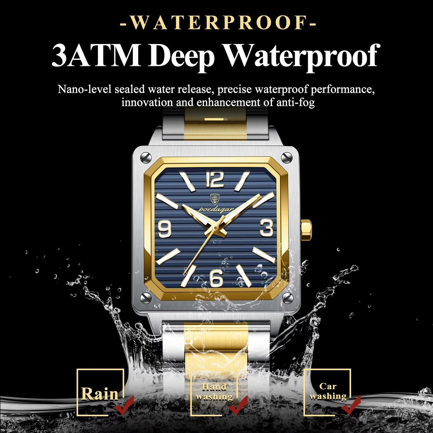 Men Wrist Water Resistant Stainless Steel Band Square Shape Male Luminous Night Vision Function Watches