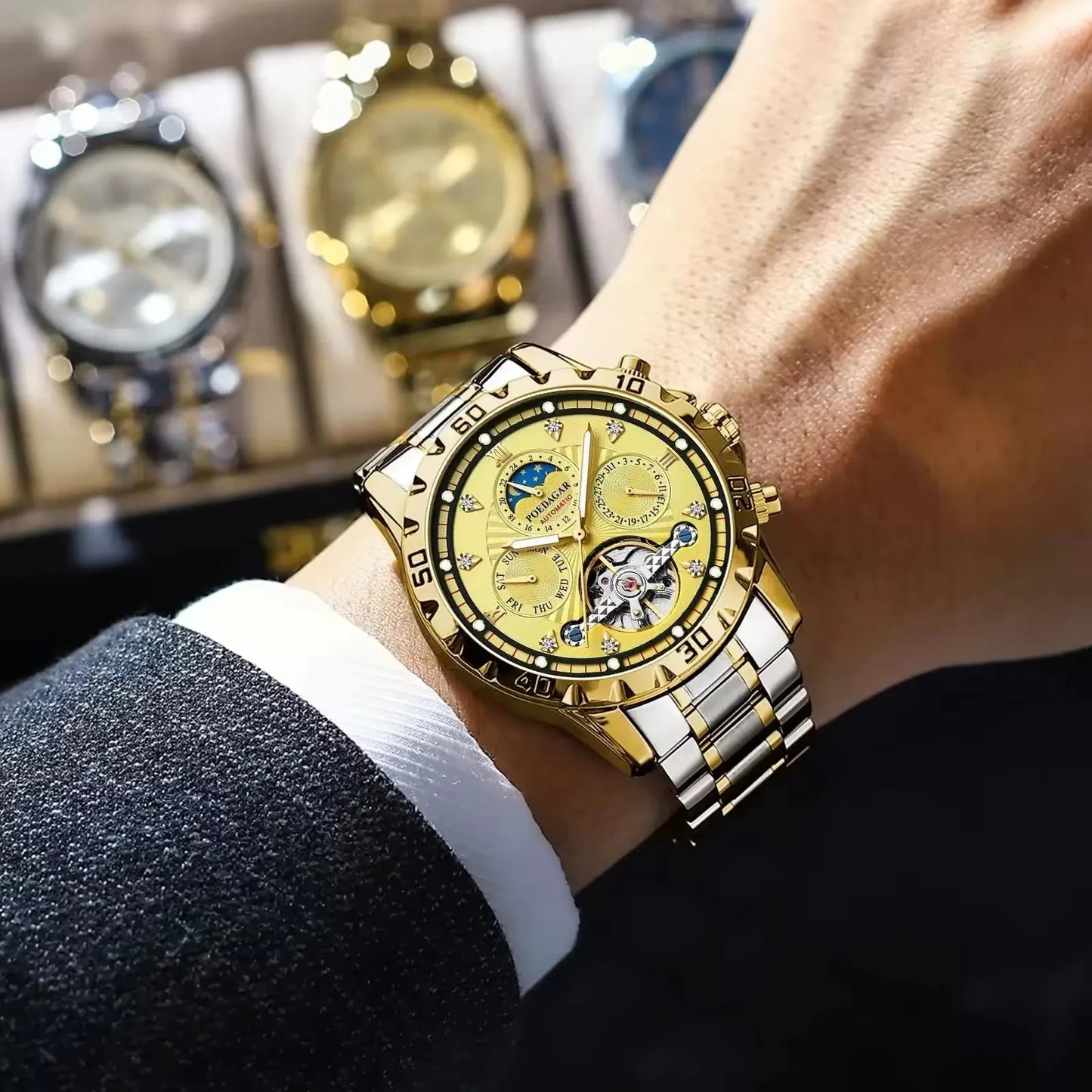 Charm Montre Reloj Hombre Gold Diamond Mechanical Watche