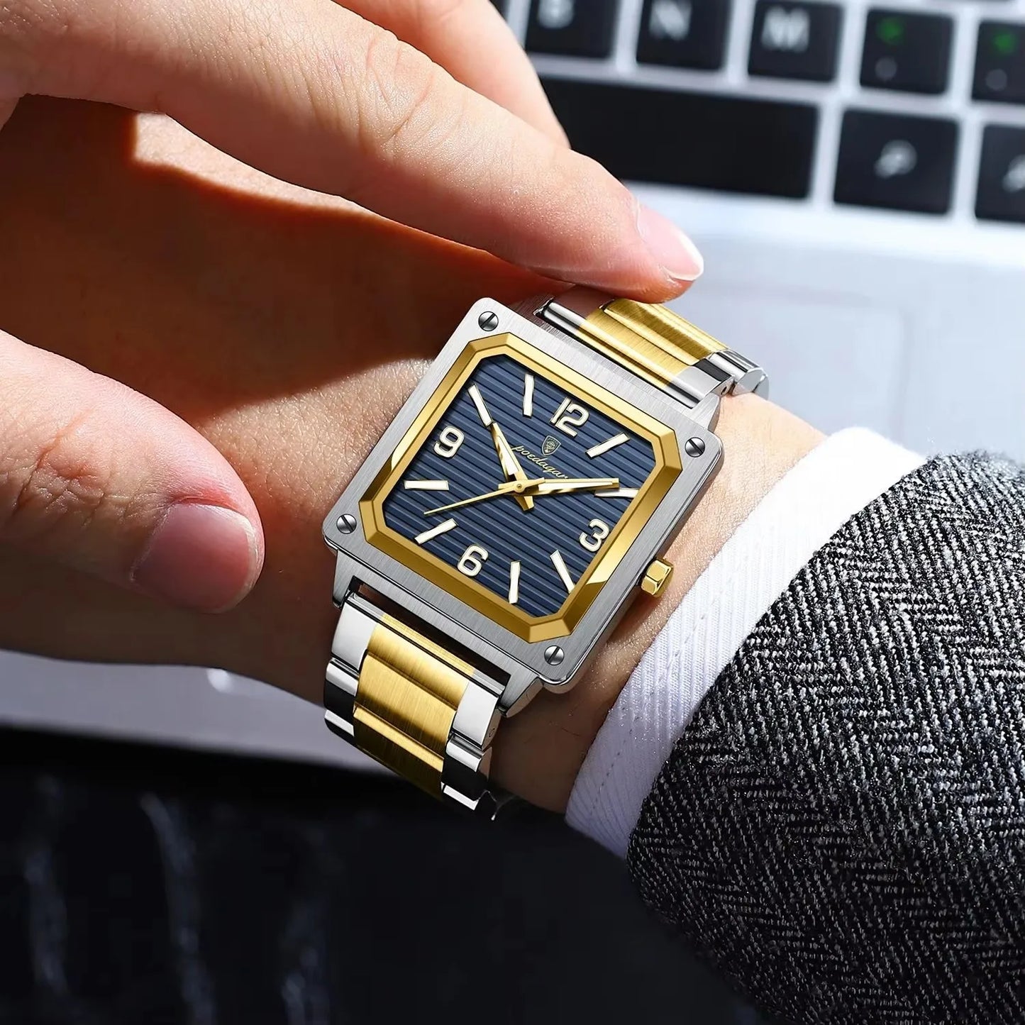 Men Wrist Water Resistant Stainless Steel Band Square Shape Male Luminous Night Vision Function Watches