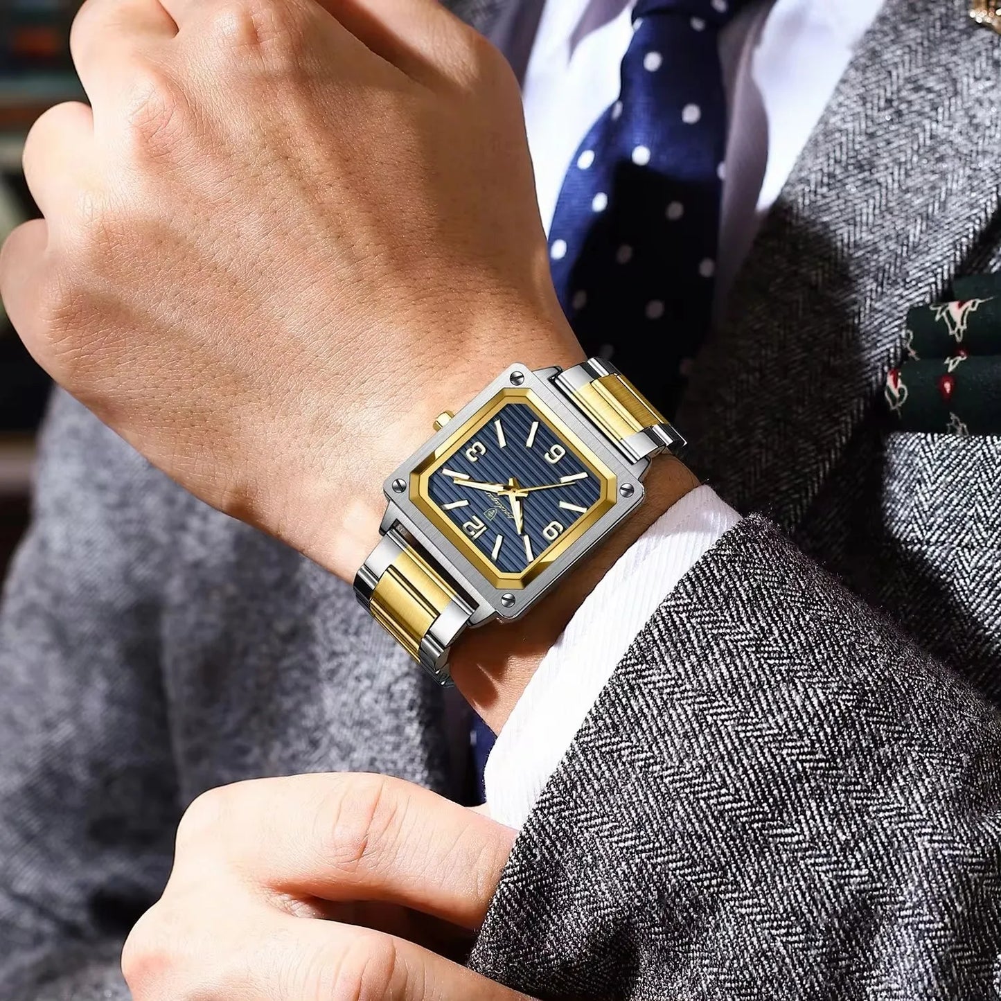 Men Wrist Water Resistant Stainless Steel Band Square Shape Male Luminous Night Vision Function Watches