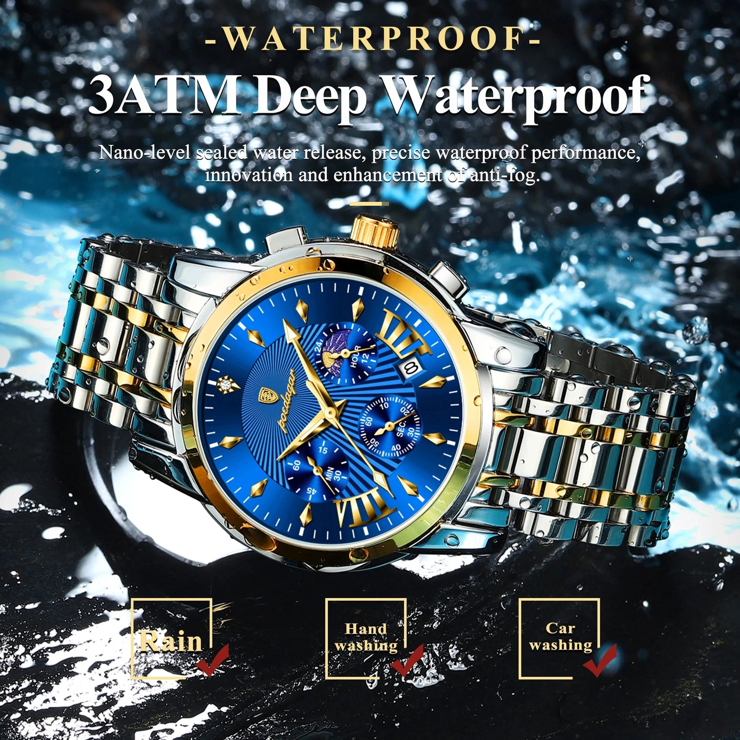 Luxury Gold Blue Stainless Steel  Watch