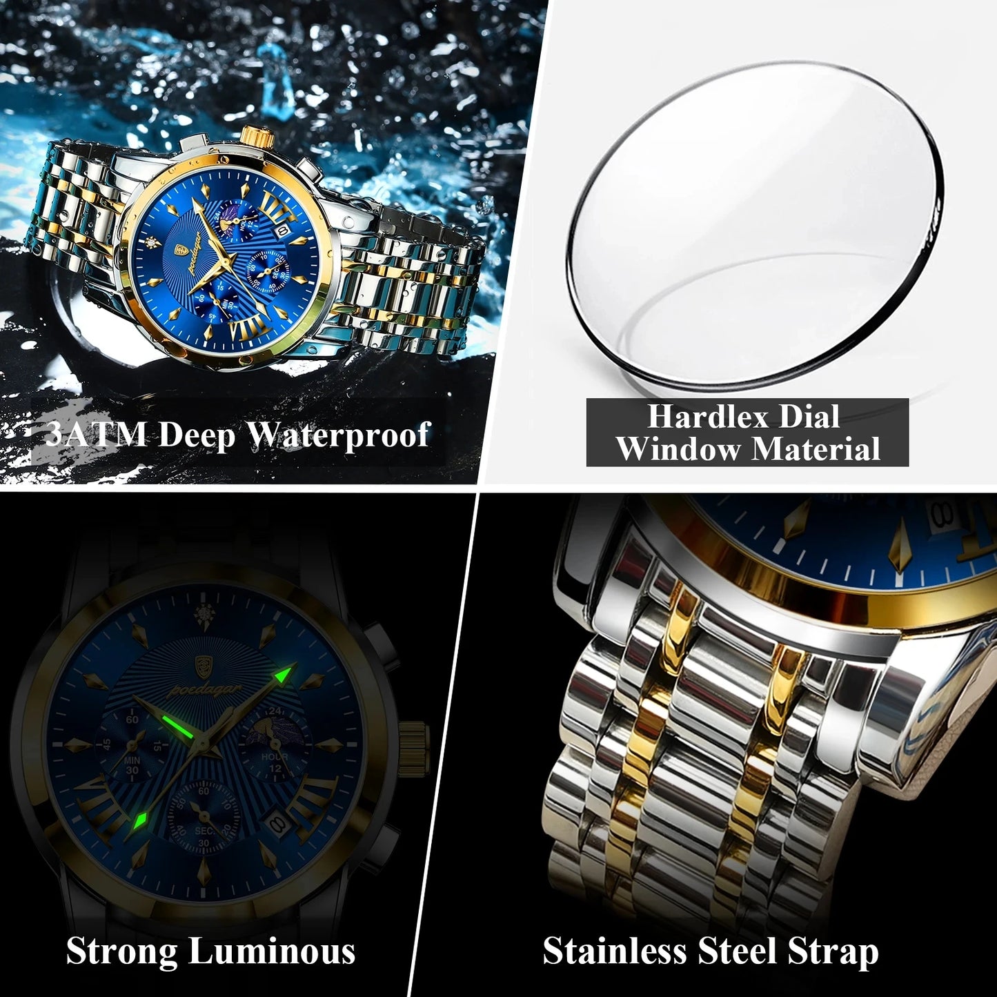 Luxury Gold Blue Stainless Steel  Watch